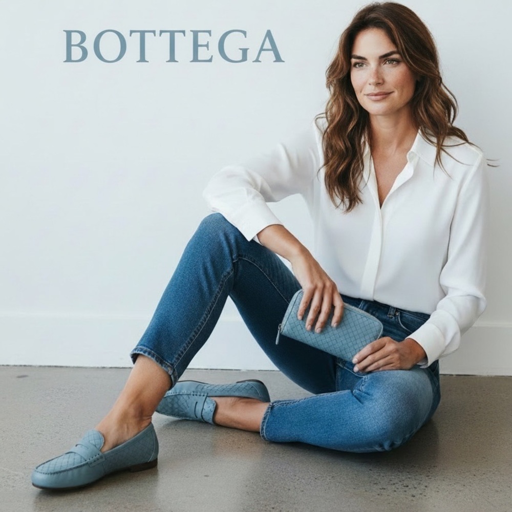 Bottega Veneta Teal Woven Leather Wallet